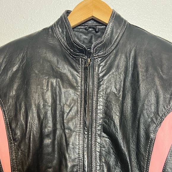 Zony Inc Leather Motorcycle Jacket Black With Pink Racing Stripes Medium - Picture 7 of 16